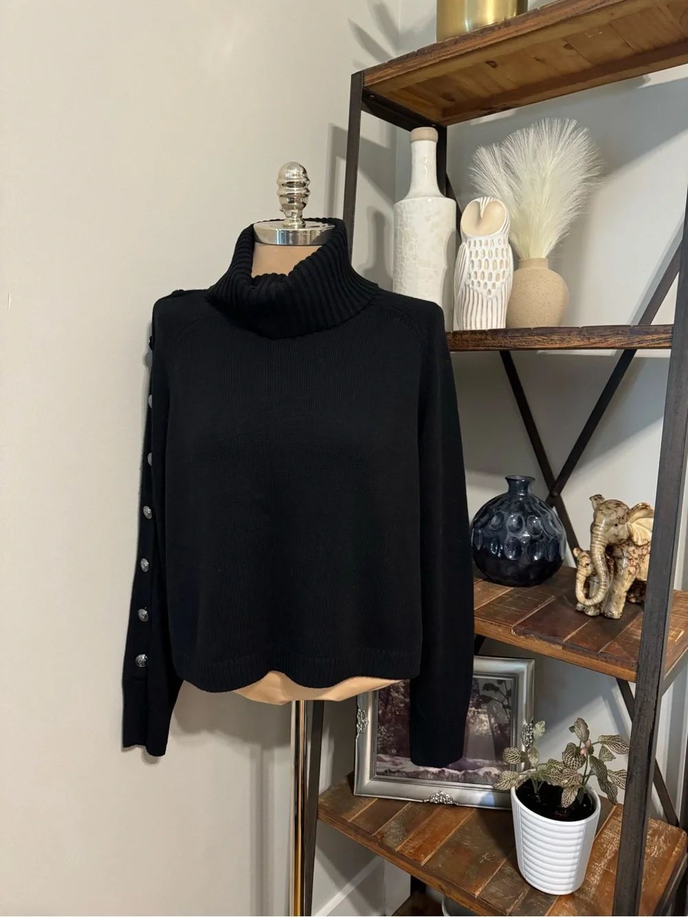 L'AGENCE Kenny Cold Shoulder Sweater Black Button Knit Women’s SIZE MED - Picture 3 of 13
